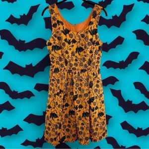 Modcloth Orange & Black Halloween Spooky Spider and Bat Print Cotton Dress NWT